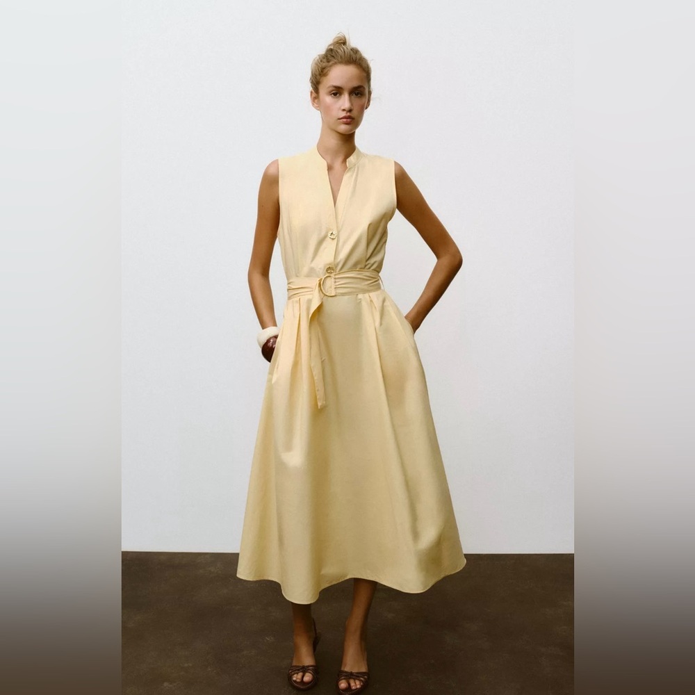 Zara Belted Poplin Midi Dress(Butter Color)